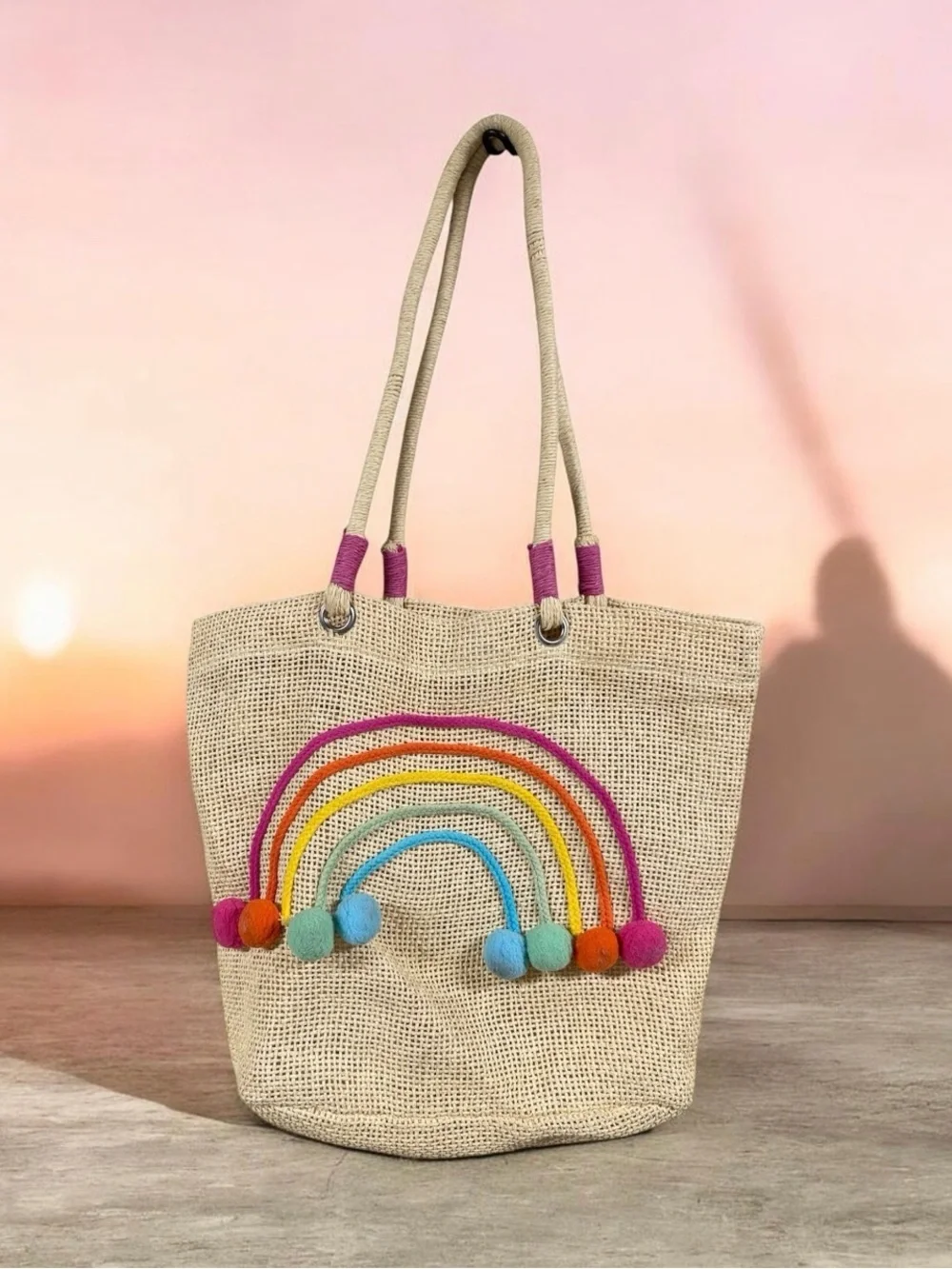 Capelli of New York Cream Straw Tote with Rainbow Embroidery and Pom-Poms